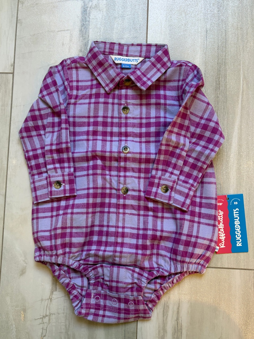 NWT RuggedButts Harper Plaid Flannel Long Sleeve Button Down Bodysuit Boys 6-12M